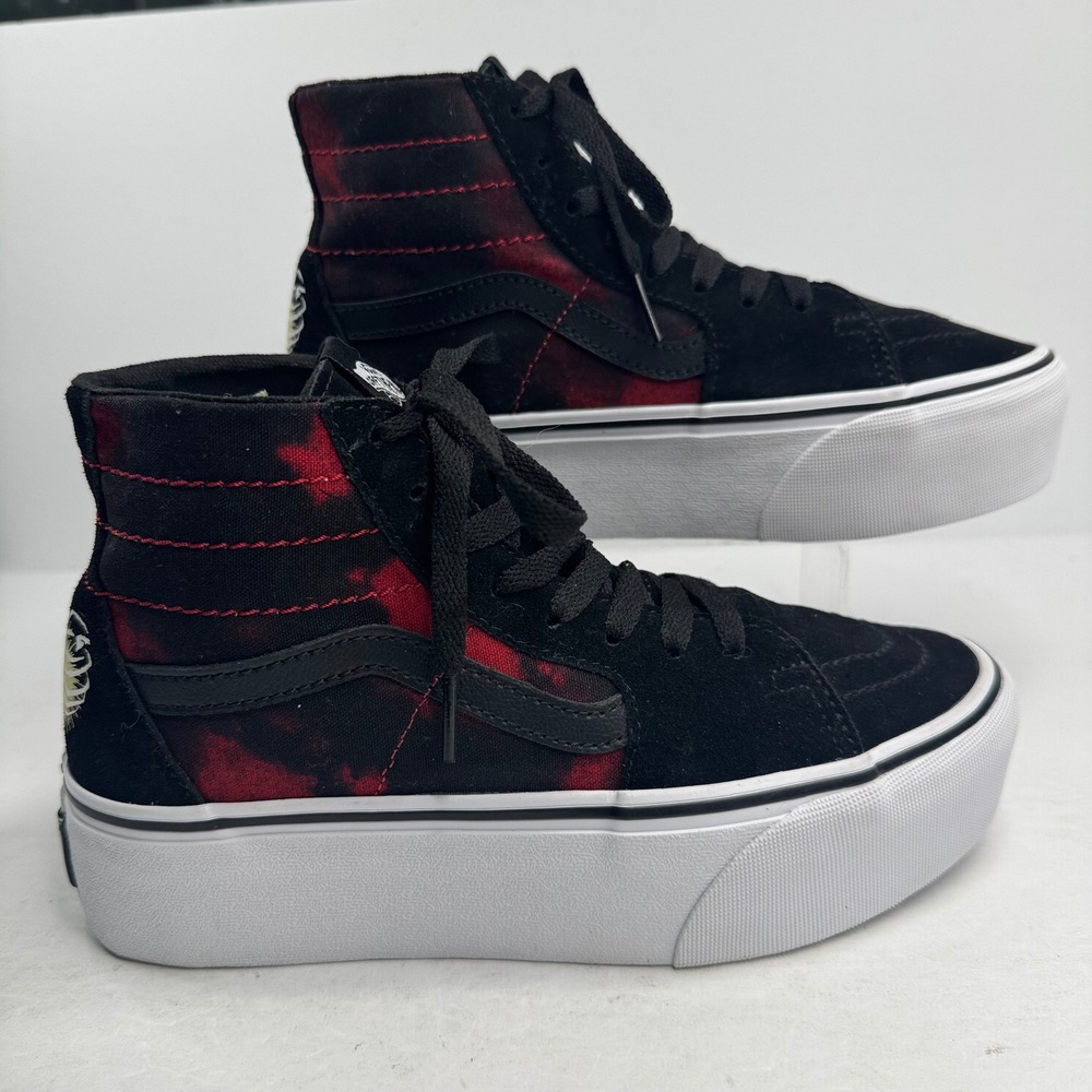 Vans Sk8-Hi Stacked Black Red Tie Dye Ribcage Heart Platform Sneakers Womens 7.5